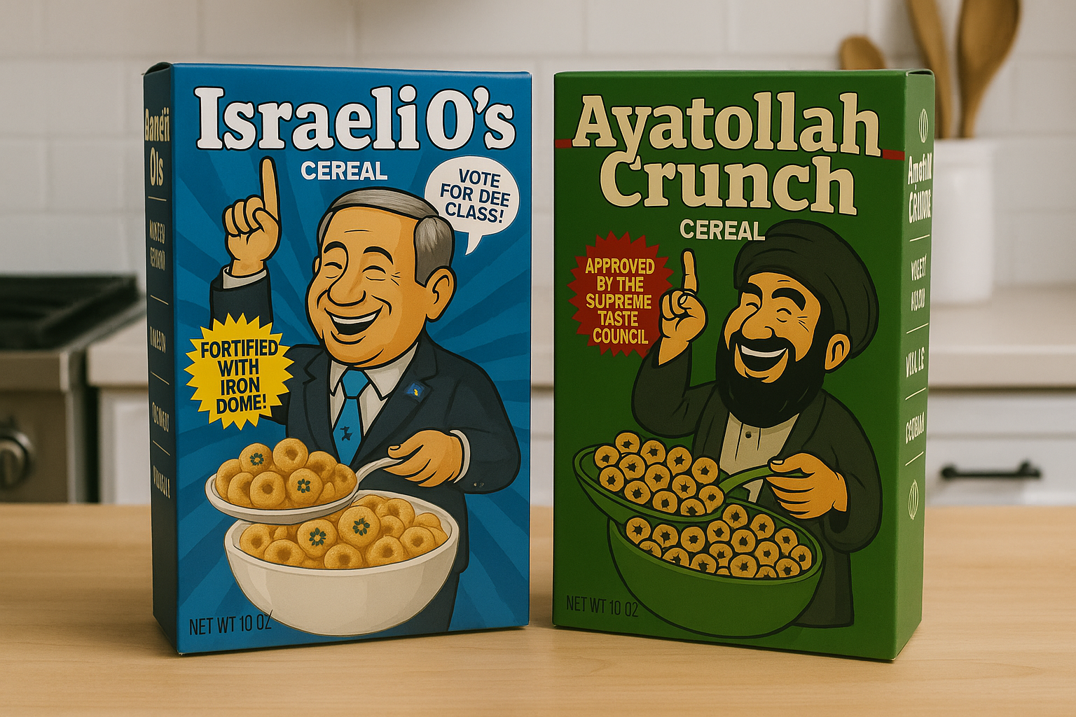 Ayatollah Crunch and Israeli O's in a real kitchen setting